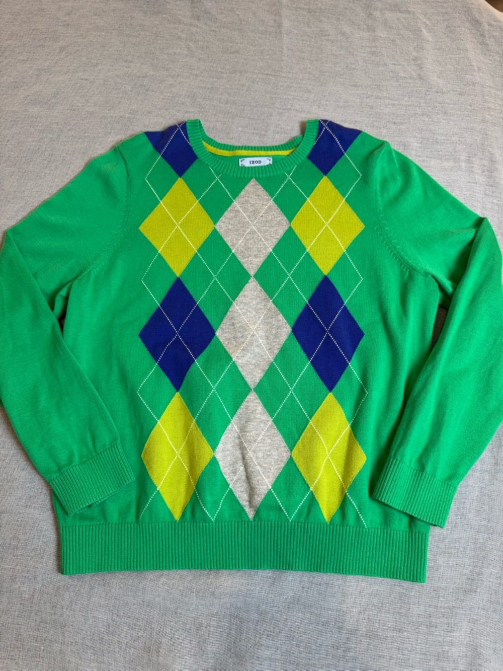 Izod Green Argyle Crewneck 100% Cotton Sweater with Blue, Yellow & Gray Size XL